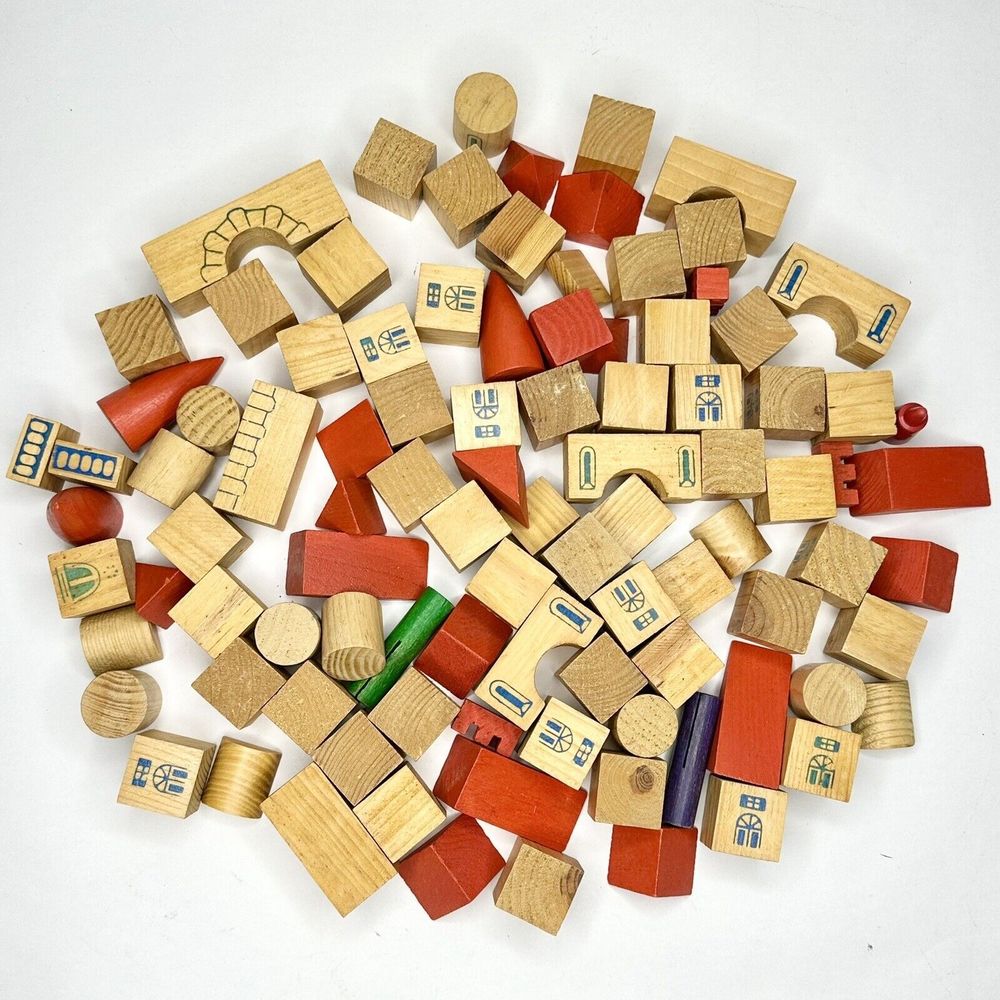 Vintage Building Blocks For Kids Town‎ Set 90 Pcs. Rounds, Rectangles, Triangles
